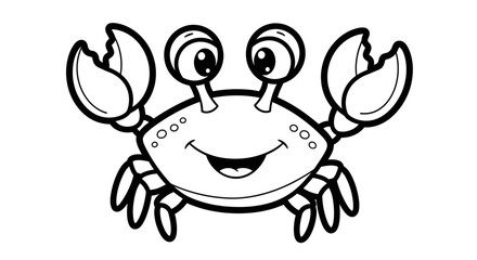 Cheerful cartoon crab illustration, black and white, simple design, large eyes.