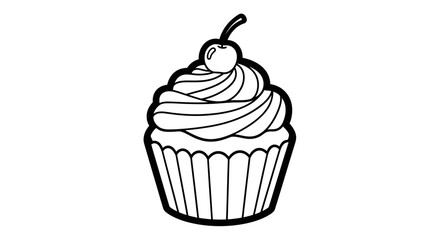 A simple line drawing of a cupcake topped with swirled frosting and a cherry.