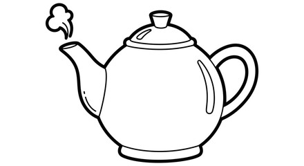 A white teapot outlined in black with steam rising from the spout.