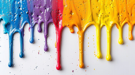 Vertical rainbow paint drips on clean white background, high contrast with glossy texture and ample copy space around vibrant trails