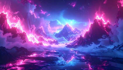 Neon mountains reflecting in a night sky lake