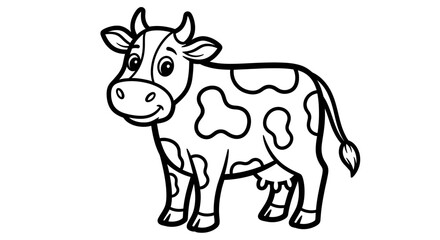 Outlined cartoon cow, perfect for coloring, with a friendly expression and distinctive spots.