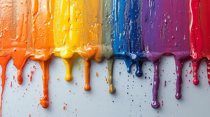 Vertical rainbow paint drips on clean white background, high contrast with glossy texture and ample copy space around vibrant trails
