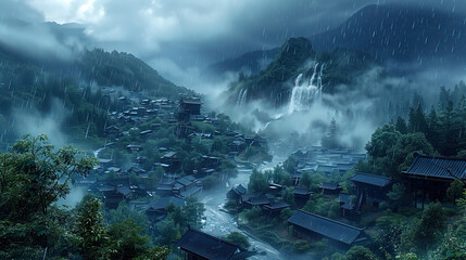A dramatic rainstorm rages over a remote mountain village, with cascading waterfalls and misty clouds enveloping the rugged landscape.