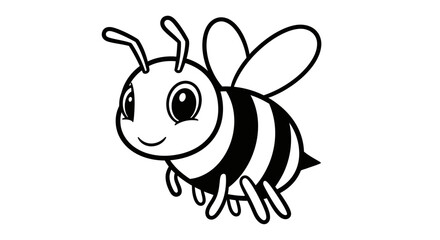 Cute black and white cartoon bee in flight, with large eyes and simple features.
