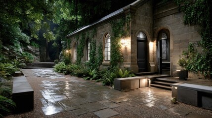 Fototapeta premium Illuminated by soft lights, an open door welcomes visitors to a secluded church in the woods, embraced by flowers and ivy at night.