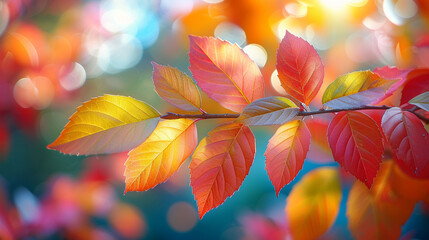 Colorful tree branch with red, yellow, and green leaves softly lit by sunlight, with a shallow depth of field creating a creamy blurred background for a warm seasonal feel