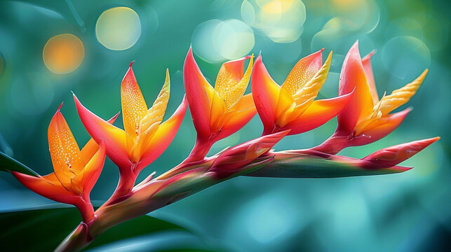 Bright yellow and red heliconia flowers in sharp focus against a lush teal tropical foliage background, softly lit by morning sunlight for vibrant natural contrast