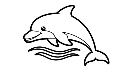 Black and white outline drawing of a playful dolphin leaping above water waves.