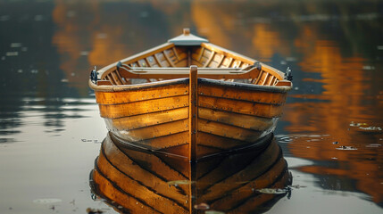 Peaceful golden hour scene with wooden rowboats on still lake water, reflecting warm tones and subtle ripples for a tranquil outdoor visual