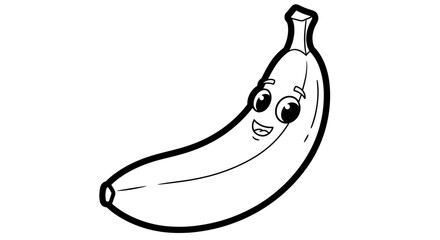 Cartoon banana with a smiling face, outlined in black, isolated on a white background.