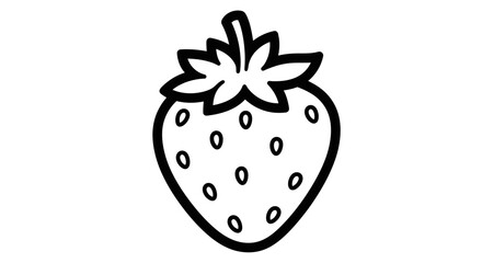 A simple black and white line drawing of a strawberry with seeds and leaves.