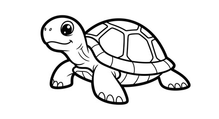 Cartoon drawing of a turtle with a shell, head, and flippers, presented in a simple black and white style.