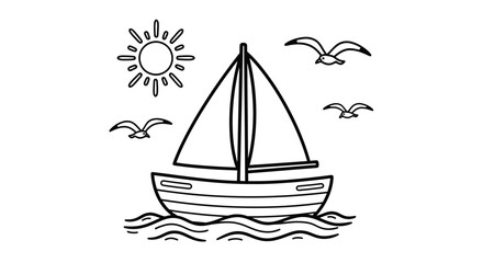 Simple black and white line drawing of a sailboat on wavy water, with sun and seagulls.