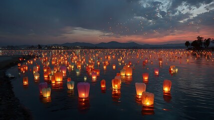 Many floating paper lanterns illuminate the water at night during a festival