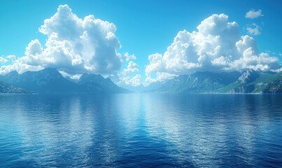 Panoramic view of a serene lake with mountains and clouds