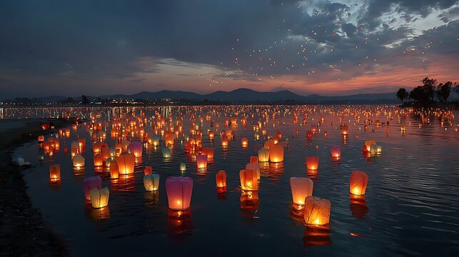 Many floating paper lanterns illuminate the water at night during a festival