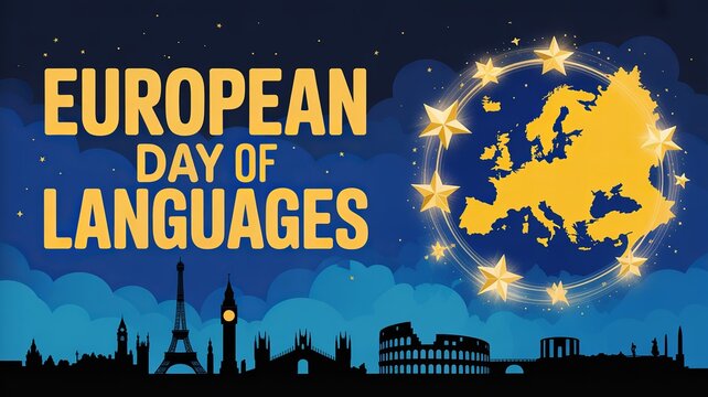 European Day of Languages poster with glowing continent and stars.