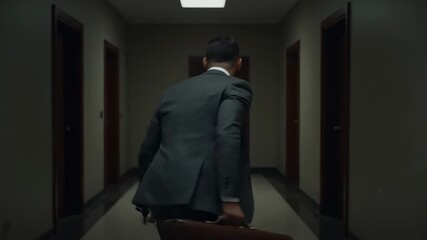 Suspicious Man Hurrying Down Office Corridor - A man in a suit carrying a briefcase walks quickly down a dimly lit office hallway, appearing secretive or nervous.