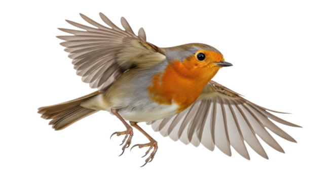 Isolated European robin bird with open wings flying in the air, bright feathers, wildlife shot