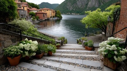 Flower-adorned cobblestone stairs lead to serene waters, colorful buildings, and lush greenery, creating a romantic ambiance