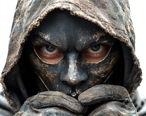 Close-up of a person wearing a dark hooded cloak and ornate mask