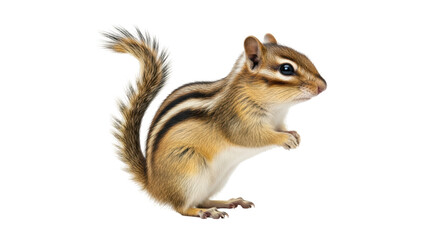 Isolated cute chipmunk standing and looking sideways, an adorable animal for advertising