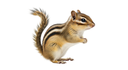 Isolated cute chipmunk standing and looking sideways, an adorable animal for advertising