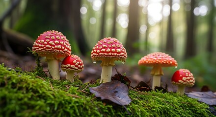 Red Toadstools Growing on Moss in Forest.