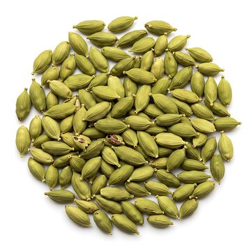 Green cardamom seeds isolated on white background. Top view. lay flat
