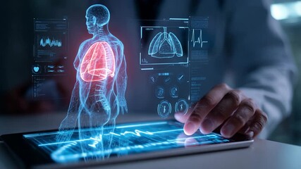 Doctor using tablet with hologram lungs and medical health data - Powered by Adobe