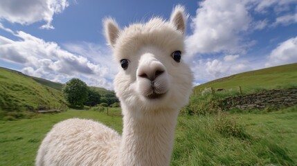 Obraz premium Cute Alpaca in Green Meadow Landscape