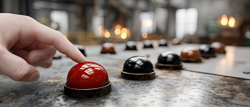 An old man's hand reaches for a red button in a cold, dimly lit space, surrounded by glowing neon buttons in dark tones - Powered by Adobe