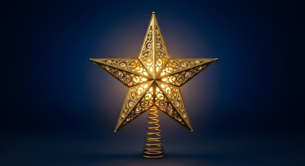 Obraz premium Golden Star Christmas Tree Topper on Dark Background