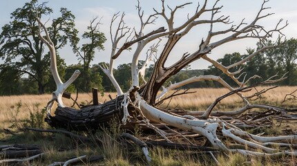 The skeletal remains of a fallen, dead tree in a clearing, its branches reaching like bony fingers towards the sky.