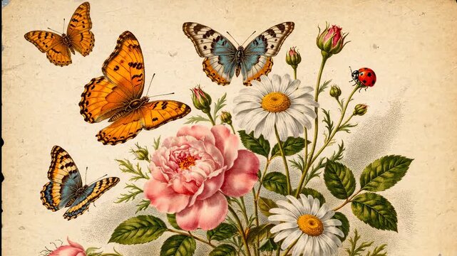 Vintage Botanical Illustration with Butterflies - A delicate vintage illustration featuring orange and blue butterflies fluttering around a bouquet of pink roses and white daisies on aged paper.