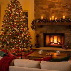 Cozy Living Room Decorated for Christmas with Tree and Fireplace