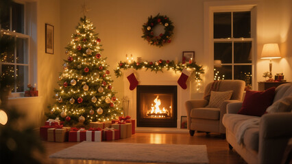 Cozy Living Room Decorated for Christmas with Tree and Fireplace