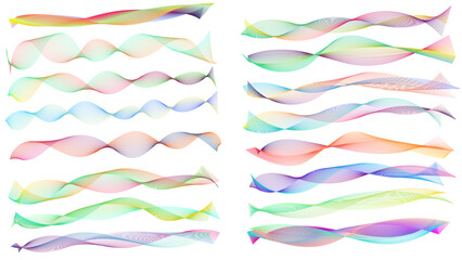 A large set of abstract smooth wavy line blends isolated on a white background. Dynamic gradient color wave line blend for a design element. Abstract twisted curve lines with blend effect.