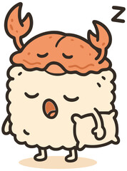 Illustration of sushi with a crab-shaped hat sleeping with a pillow