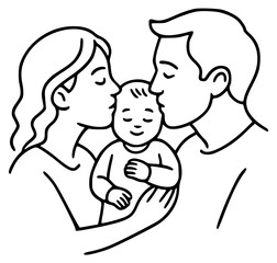 Illustration of parents kissing a child in their arms