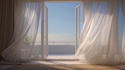 Sunlit room with open doors to a balcony, white sheer curtains billowing in the breeze.
