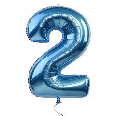 Shiny blue number two balloon illustration on transparent background