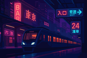 Futuristic train station at night with neon lights and signs in a vibrant urban setting.