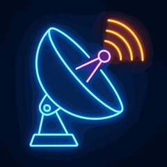 Neon satellite dish emitting signals in a modern style against a dark background.