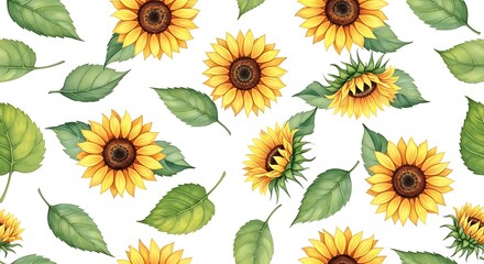 Watercolor Sunflowers and Leaves Seamless Pattern.