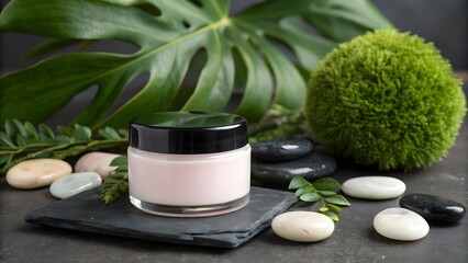 Pink Face Cream Jar on Slate with Tropical Leaves – Organic Beauty Concept