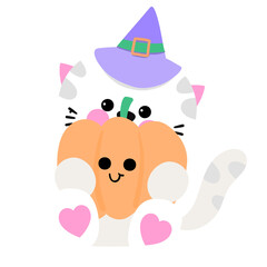 Cute Kitten with Pumpkin and Witch Hat
