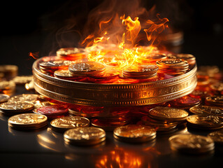 Conceptual image of burning Euro coins against a dark background