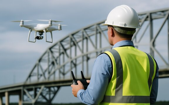 White quadcopter drone inspecting bridge structure with construction inspector operating remote control